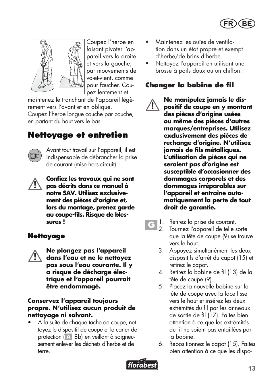 Nettoyage et entretien, Fr be | Florabest FRT 450 B2 User Manual | Page 13 / 64
