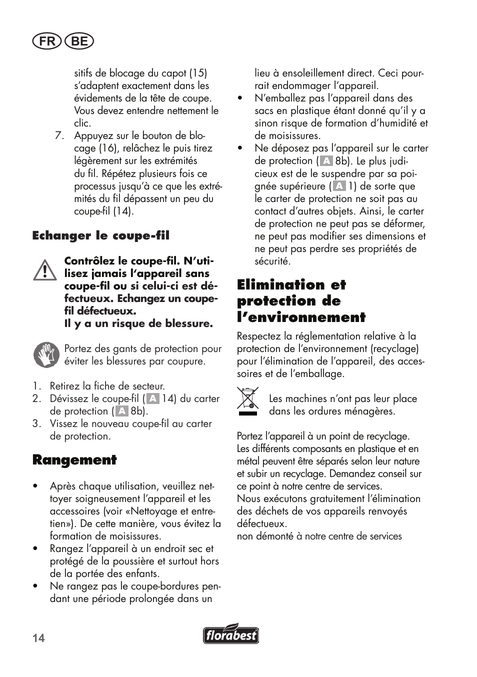 Rangement, Elimination et protection de l’environnement, Fr be | Florabest FRT 450 B2 User Manual | Page 14 / 64
