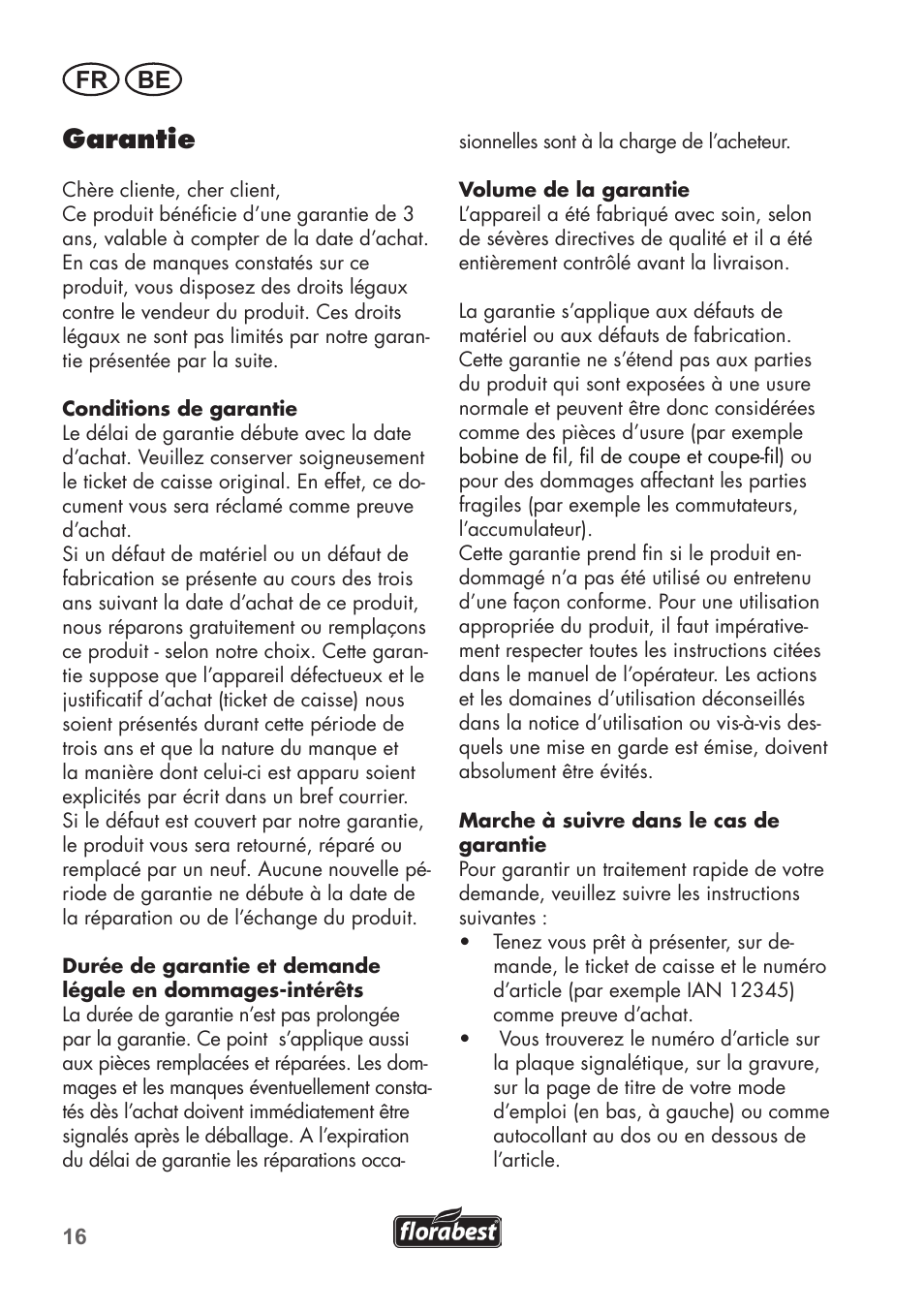 Garantie, Fr be | Florabest FRT 450 B2 User Manual | Page 16 / 64
