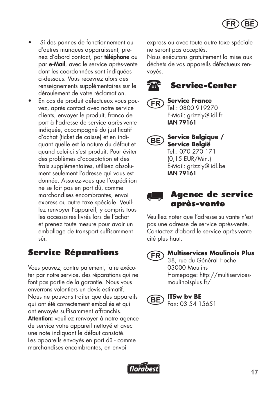 Service réparations, Service-center, Agence de service après-vente | Fr be, Fr be be | Florabest FRT 450 B2 User Manual | Page 17 / 64