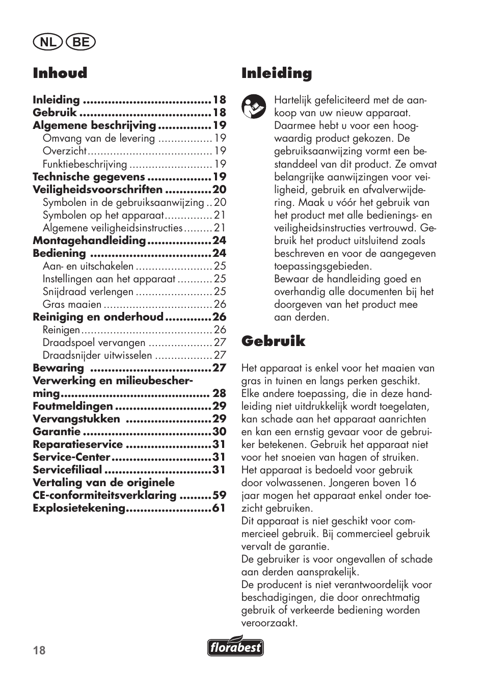 Inhoud, Inleiding, Gebruik | Nl be | Florabest FRT 450 B2 User Manual | Page 18 / 64