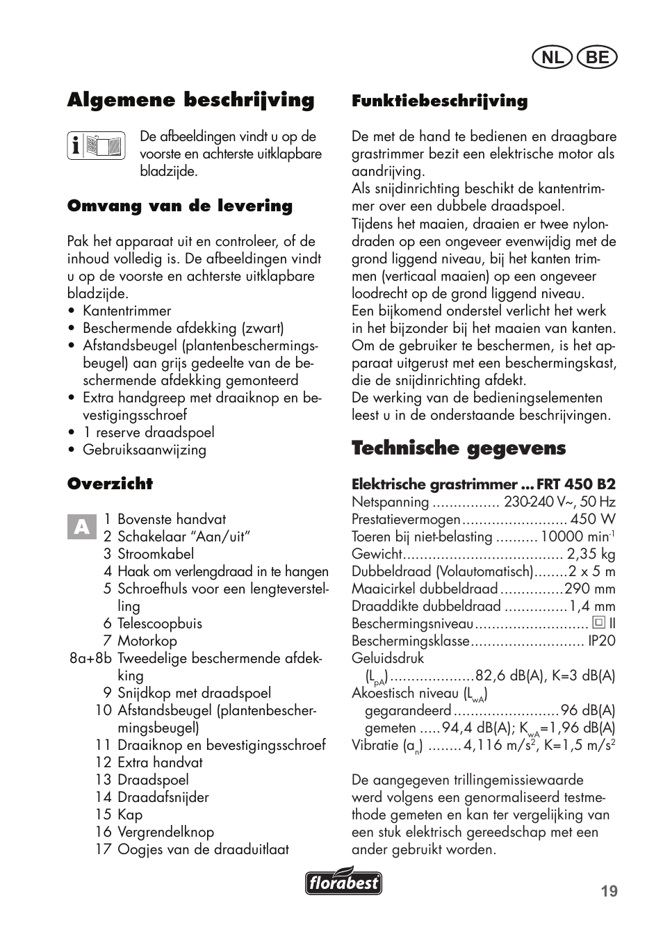Algemene beschrijving, Technische gegevens, Be nl | Florabest FRT 450 B2 User Manual | Page 19 / 64