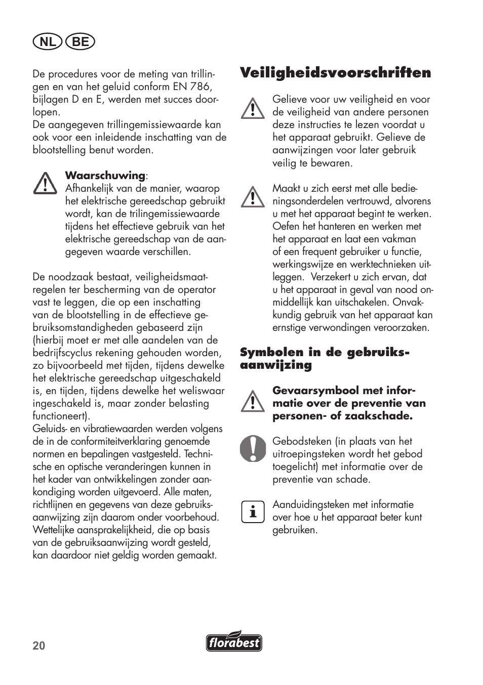 Veiligheidsvoorschriften, Nl be | Florabest FRT 450 B2 User Manual | Page 20 / 64