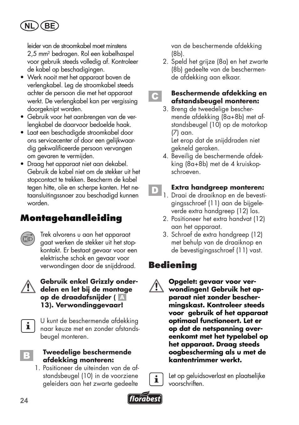 Montagehandleiding, Bediening, Nl be | Florabest FRT 450 B2 User Manual | Page 24 / 64