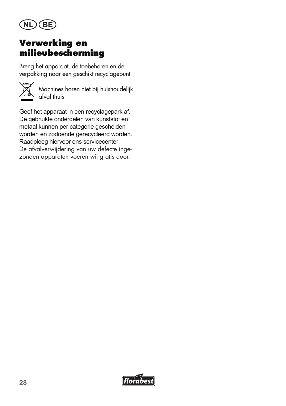 Verwerking en milieubescherming, Nl be | Florabest FRT 450 B2 User Manual | Page 28 / 64