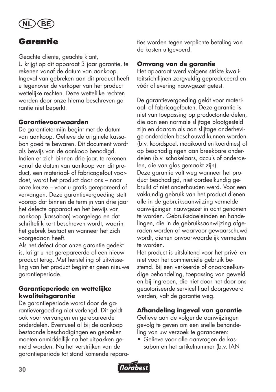 Garantie, Nl be | Florabest FRT 450 B2 User Manual | Page 30 / 64
