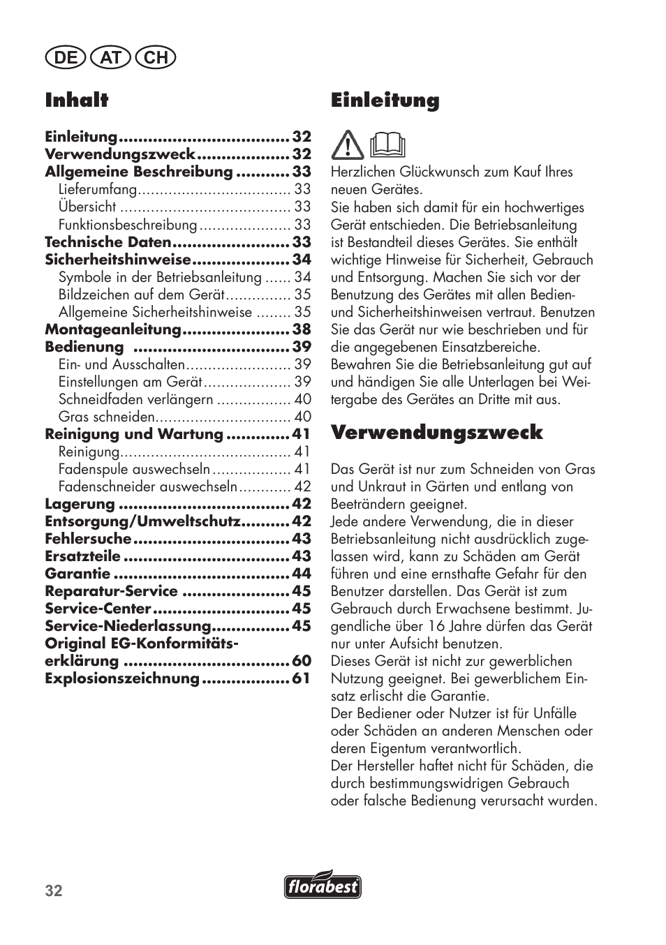 Inhalt, Einleitung, Verwendungszweck | De at ch | Florabest FRT 450 B2 User Manual | Page 32 / 64