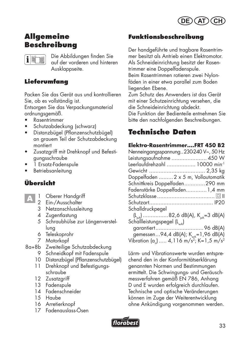 Technische daten, Allgemeine beschreibung, De at ch | Florabest FRT 450 B2 User Manual | Page 33 / 64