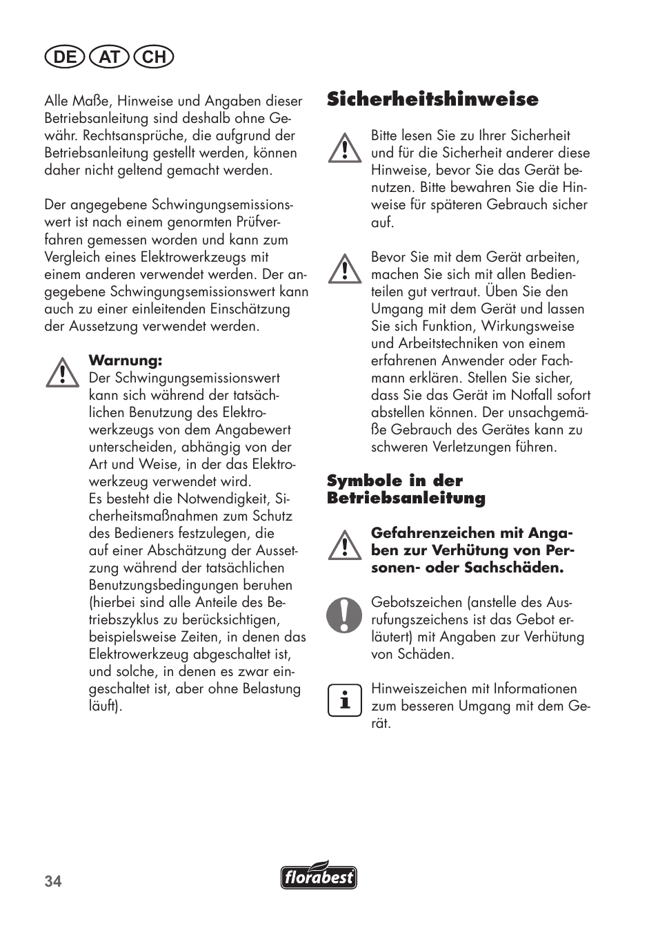 Sicherheitshinweise, De at ch | Florabest FRT 450 B2 User Manual | Page 34 / 64