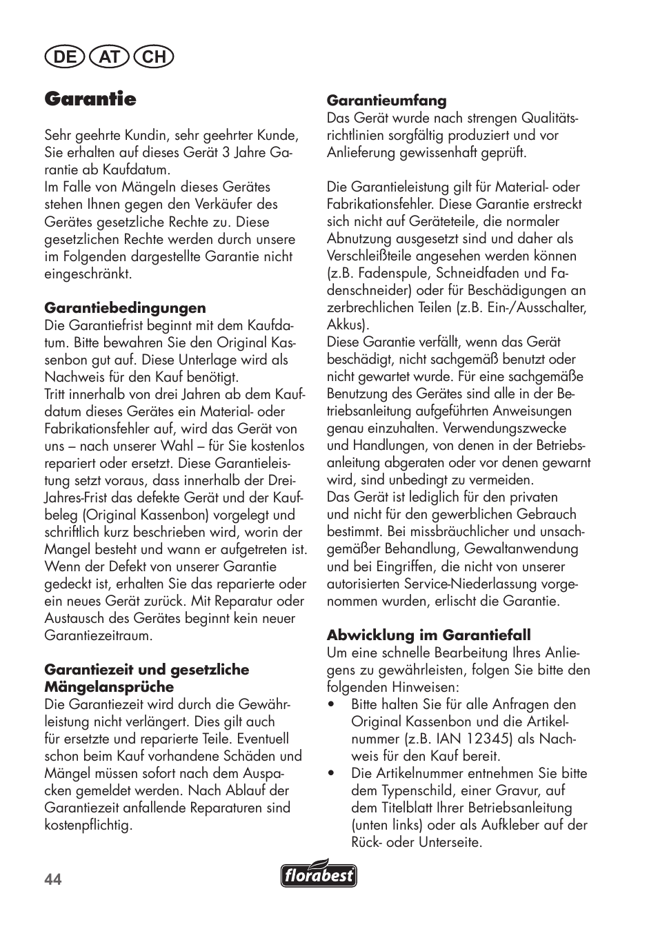 Garantie, De at ch | Florabest FRT 450 B2 User Manual | Page 44 / 64