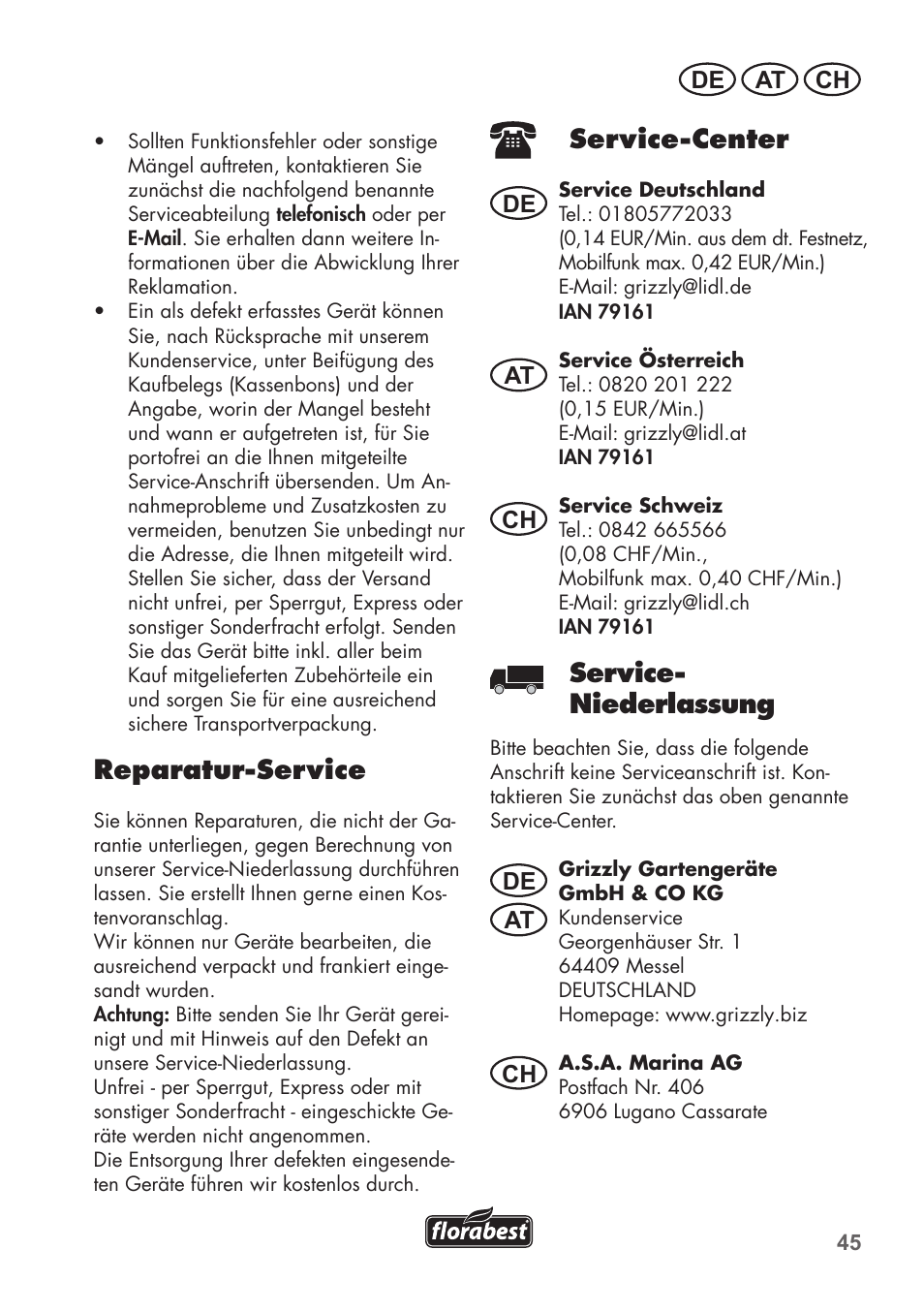 Reparatur-service, Service-center, Service- niederlassung | De at ch, De at at ch ch | Florabest FRT 450 B2 User Manual | Page 45 / 64