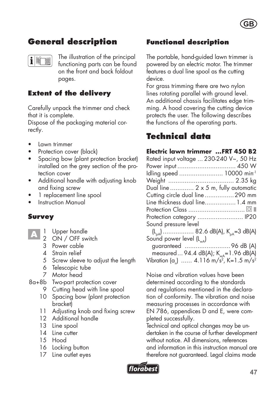Technical data, General description | Florabest FRT 450 B2 User Manual | Page 47 / 64