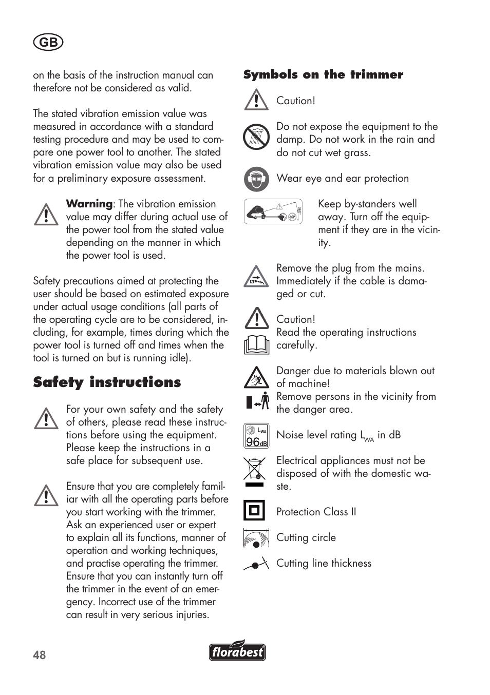 Safety instructions | Florabest FRT 450 B2 User Manual | Page 48 / 64