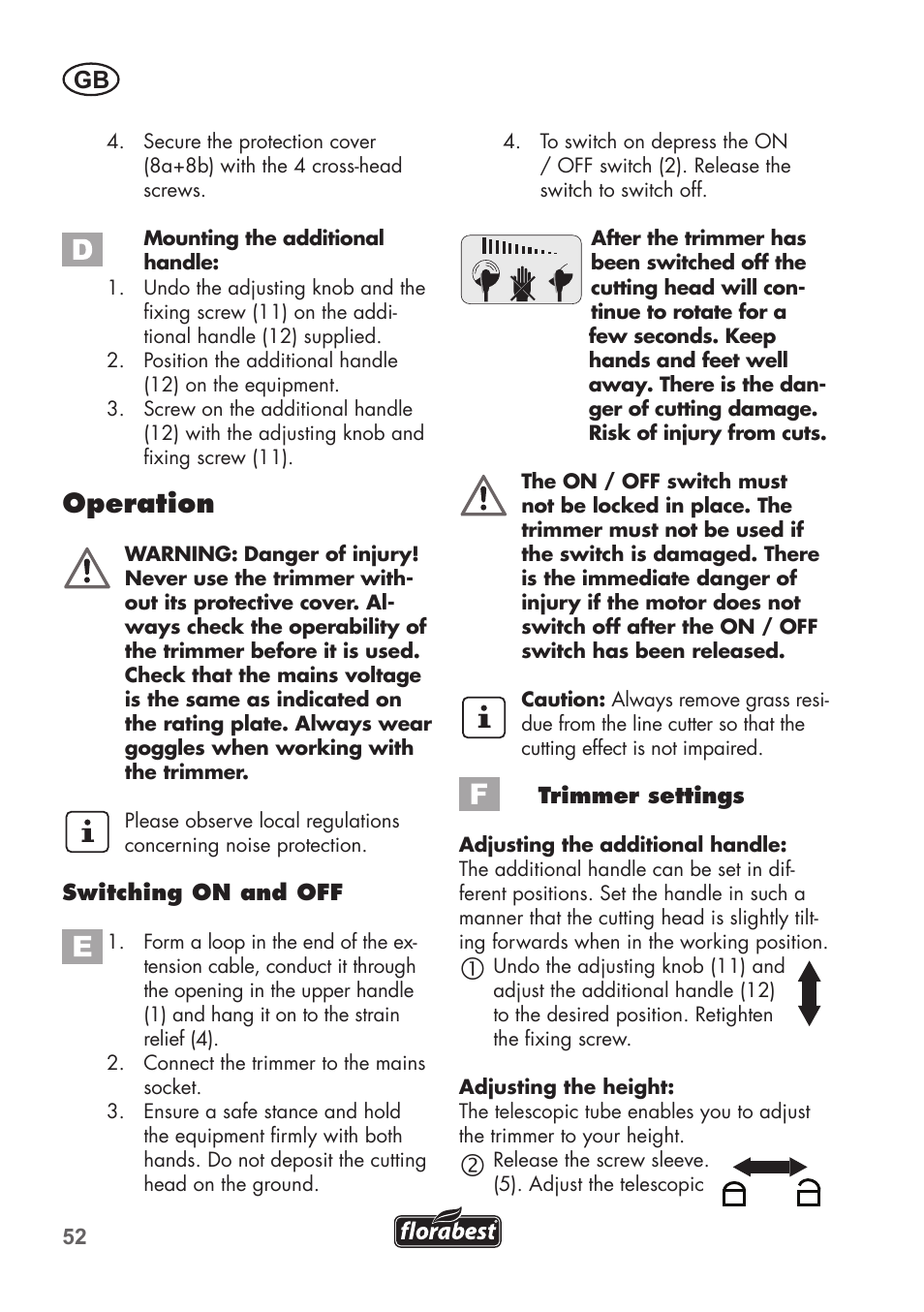 Operation | Florabest FRT 450 B2 User Manual | Page 52 / 64