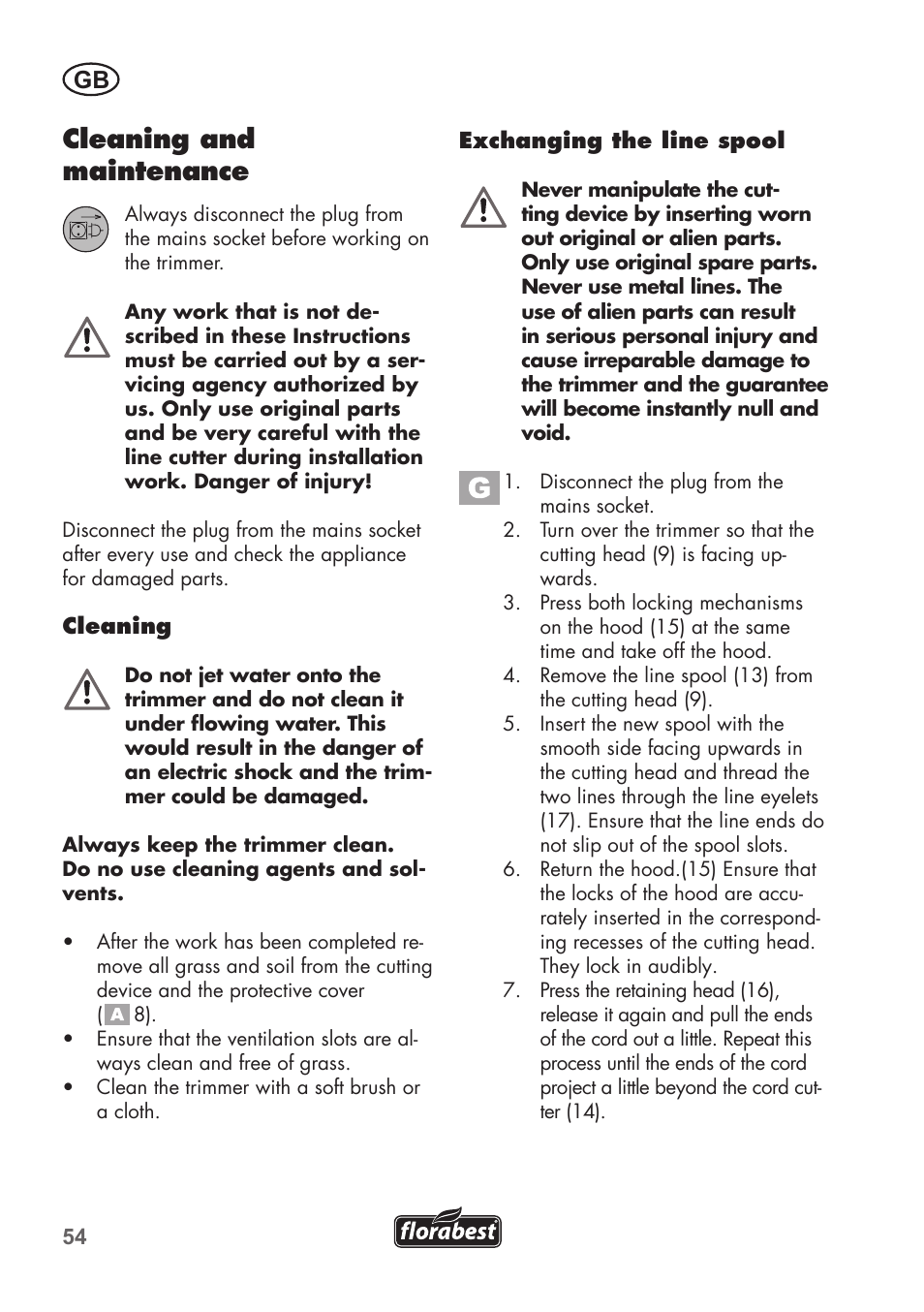 Cleaning and maintenance | Florabest FRT 450 B2 User Manual | Page 54 / 64