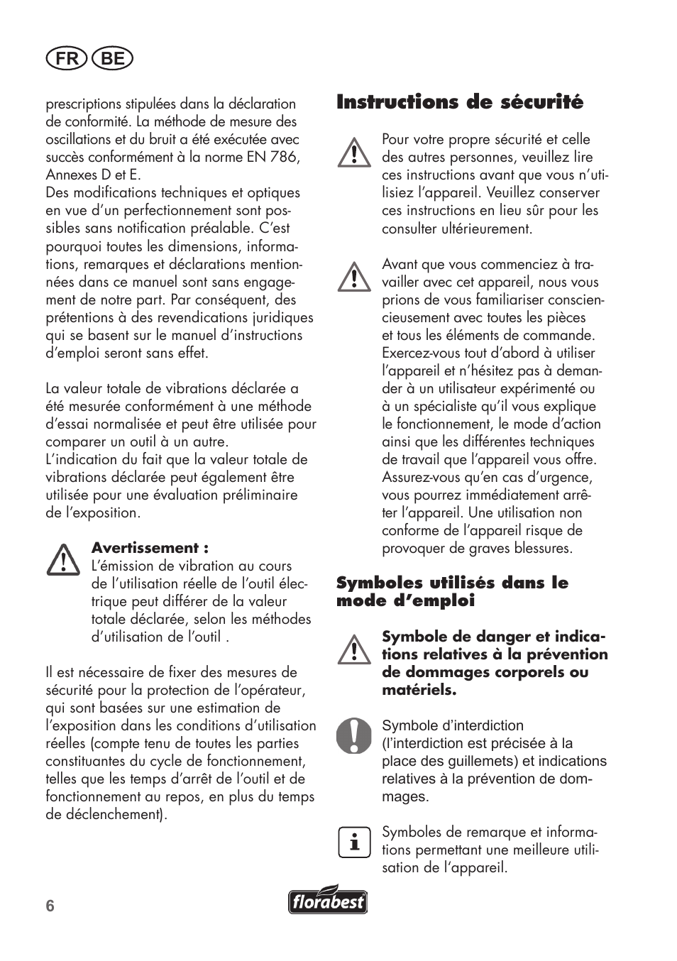 Instructions de sécurité, Fr be | Florabest FRT 450 B2 User Manual | Page 6 / 64