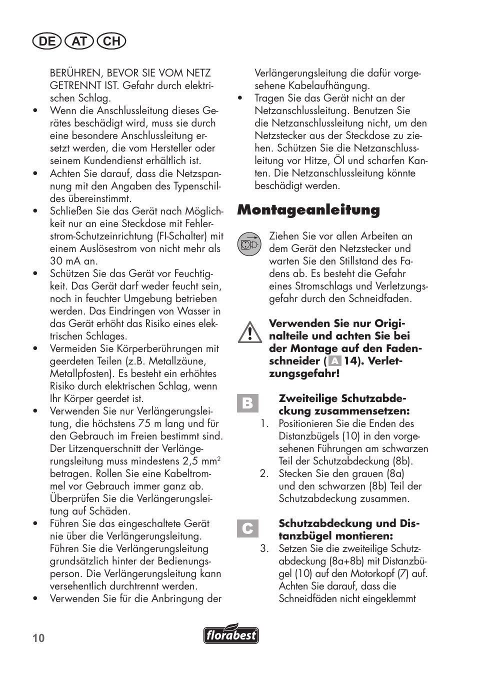 Montageanleitung, De at ch | Florabest FRT 450 B2 User Manual | Page 10 / 64