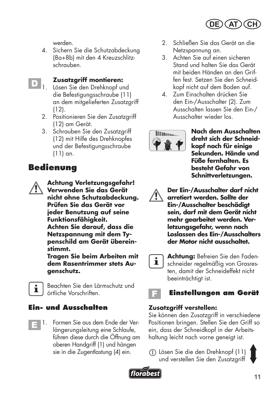Bedienung, De at ch | Florabest FRT 450 B2 User Manual | Page 11 / 64