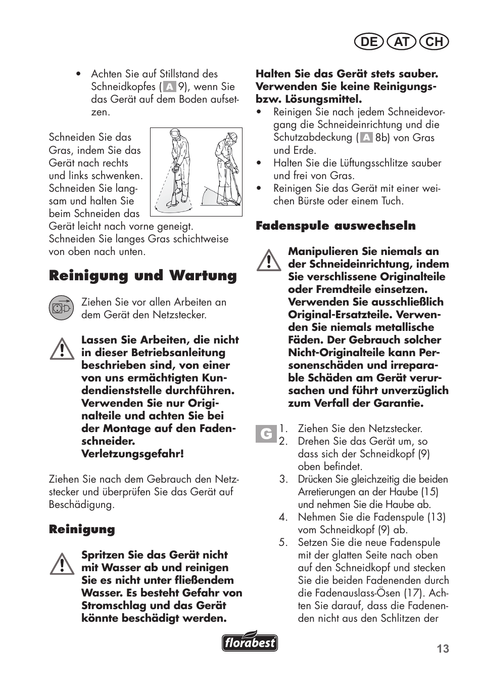 Reinigung und wartung, De at ch | Florabest FRT 450 B2 User Manual | Page 13 / 64