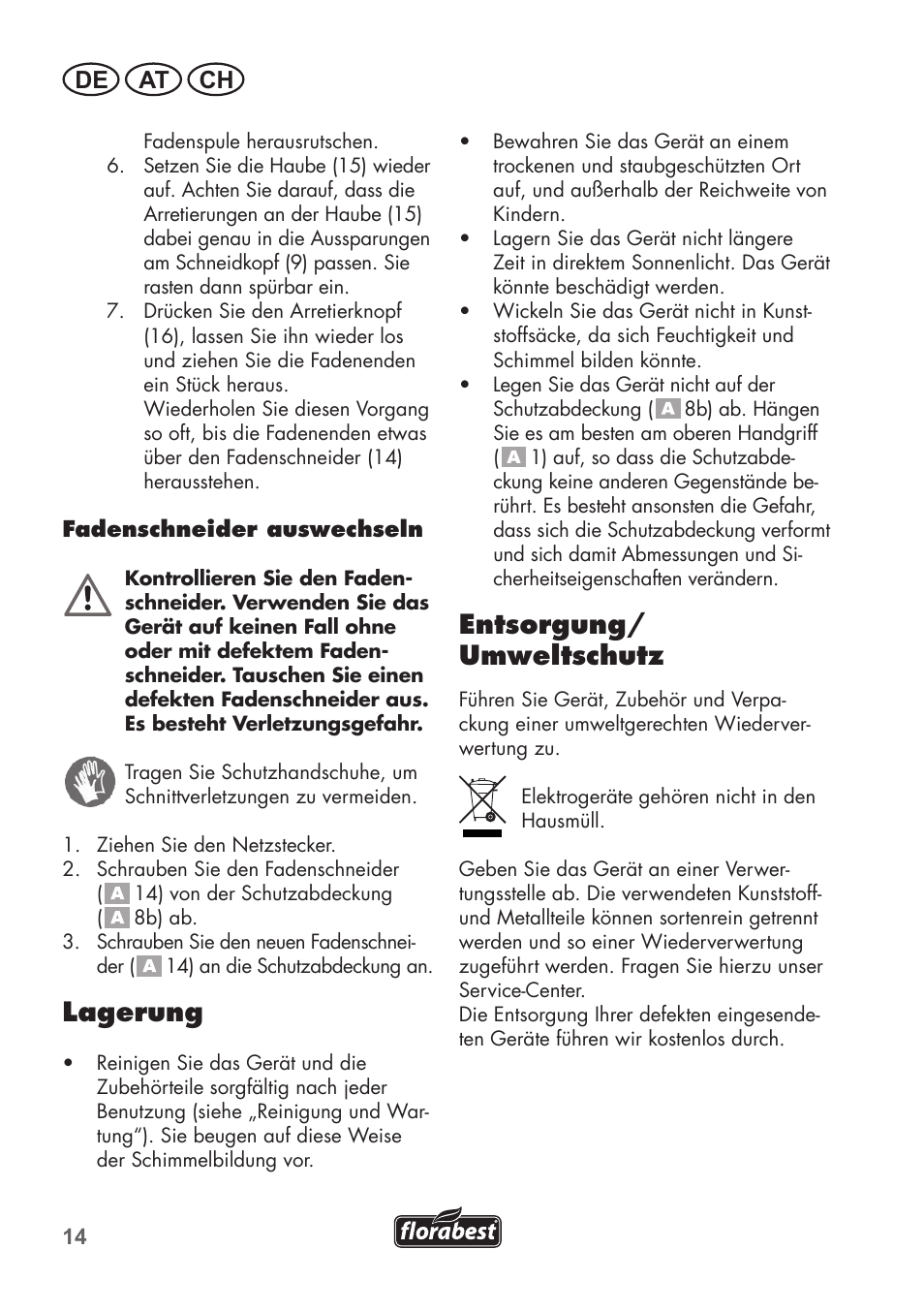 Lagerung, Entsorgung/ umweltschutz, De at ch | Florabest FRT 450 B2 User Manual | Page 14 / 64