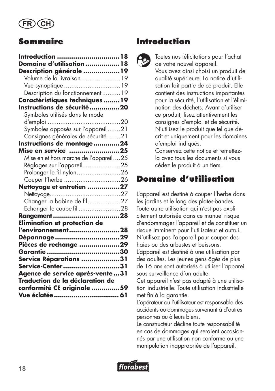 Sommaire, Introduction, Domaine d’utilisation | Fr ch | Florabest FRT 450 B2 User Manual | Page 18 / 64