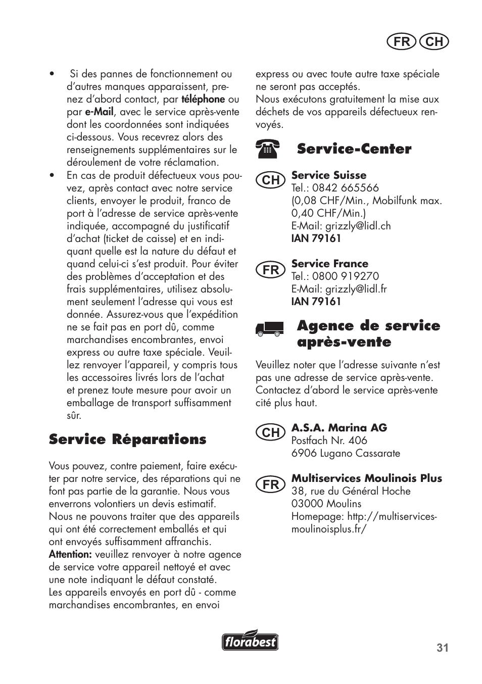 Service réparations, Service-center, Agence de service après-vente | Fr ch, Ch fr fr | Florabest FRT 450 B2 User Manual | Page 31 / 64
