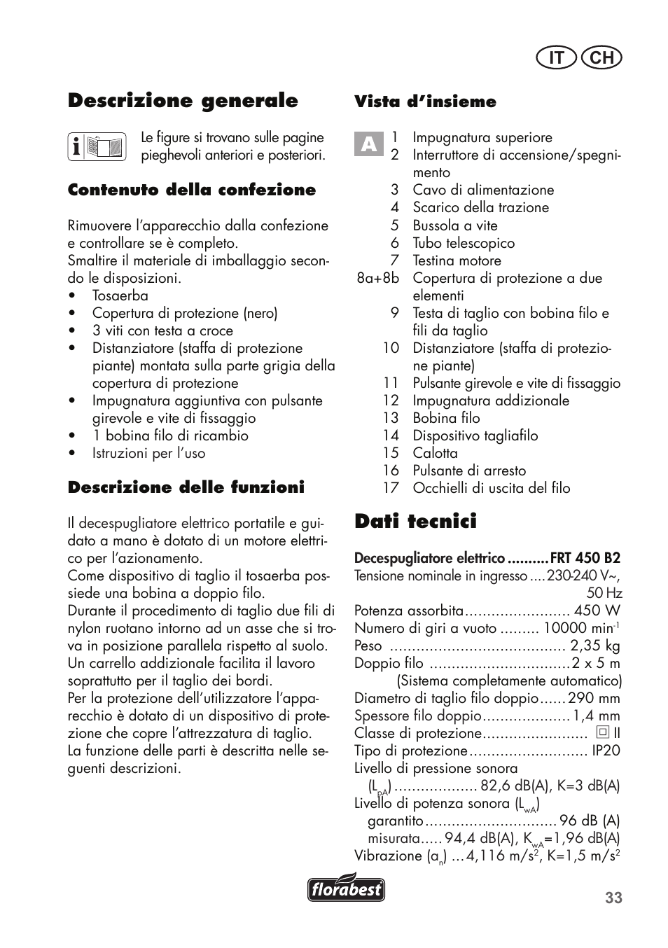 Dati tecnici, Descrizione generale, It ch | Florabest FRT 450 B2 User Manual | Page 33 / 64