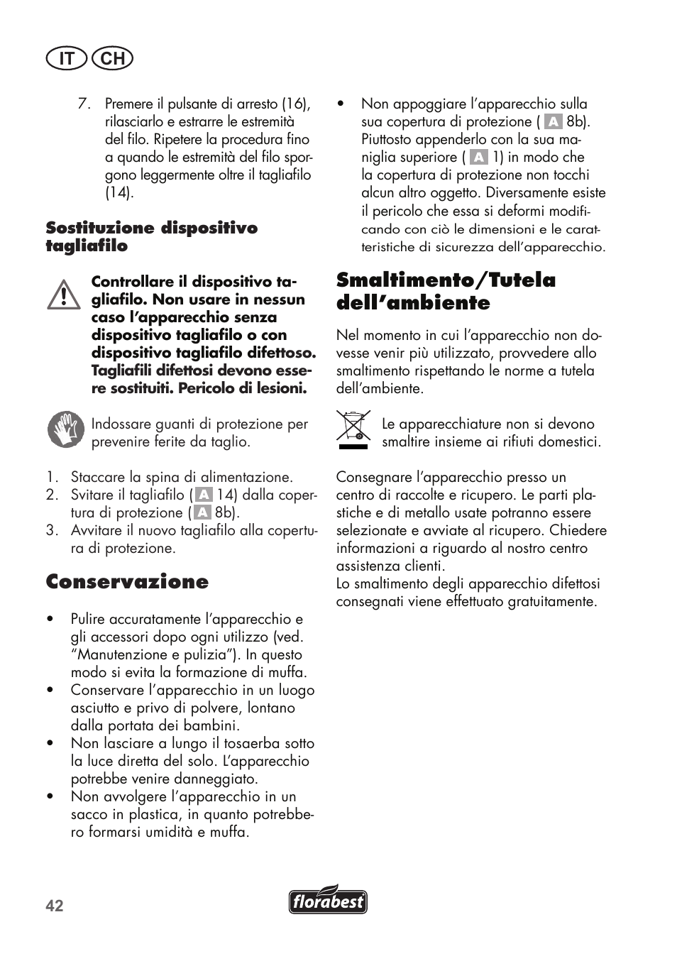 Conservazione, Smaltimento/tutela dell’ambiente, It ch | Florabest FRT 450 B2 User Manual | Page 42 / 64