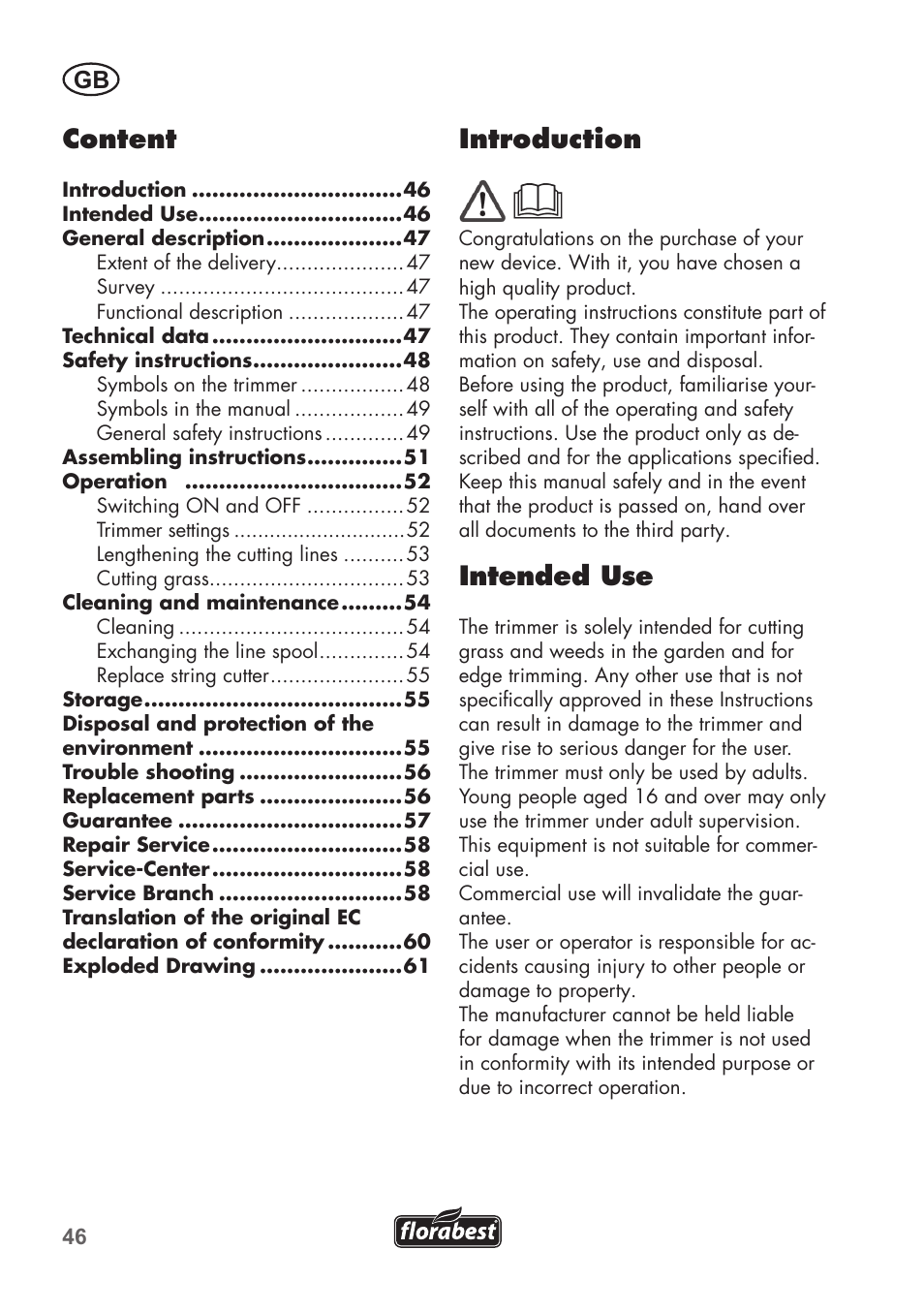 Content, Introduction, Intended use | Florabest FRT 450 B2 User Manual | Page 46 / 64