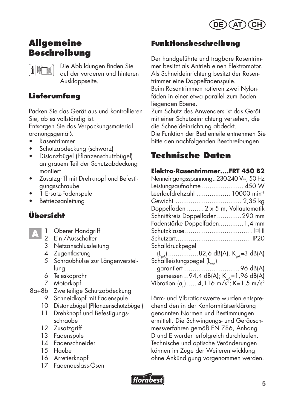 Technische daten, Allgemeine beschreibung, De at ch | Florabest FRT 450 B2 User Manual | Page 5 / 64