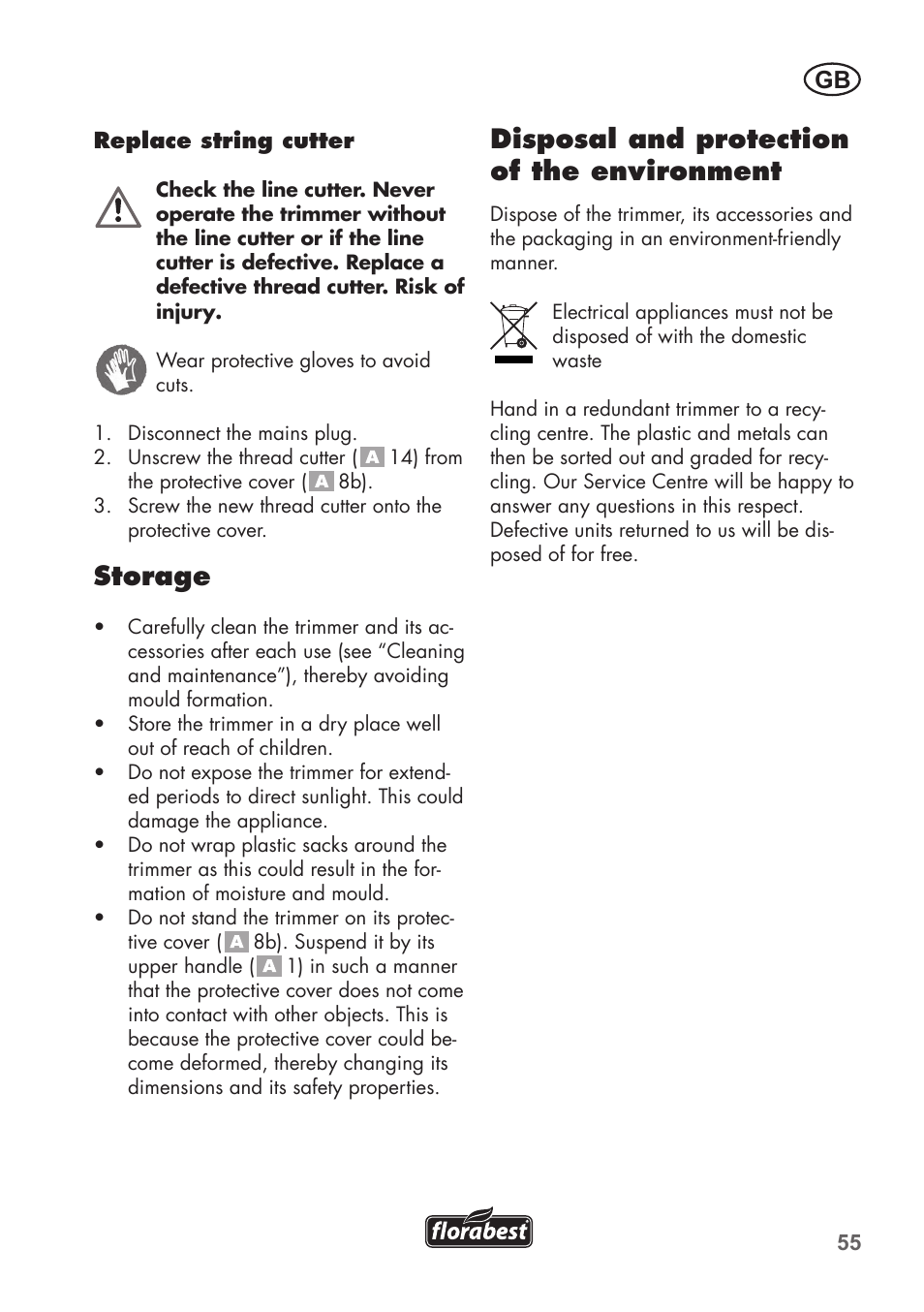 Storage, Disposal and protection of the environment | Florabest FRT 450 B2 User Manual | Page 55 / 64
