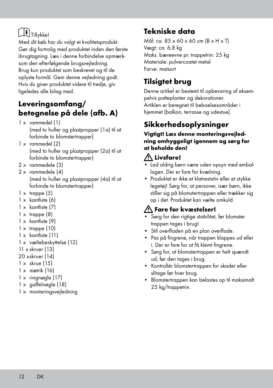 Leveringsomfang/ betegnelse på dele (afb. a), Tekniske data, Tilsigtet brug | Sikkerhedsoplysninger | Florabest BT-1816 User Manual | Page 10 / 18