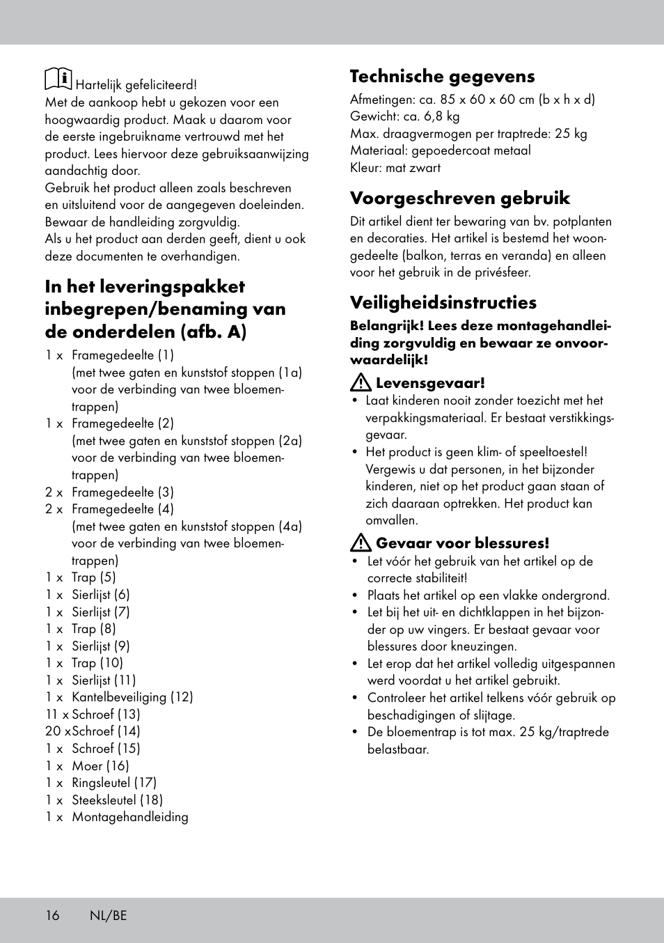 Technische gegevens, Voorgeschreven gebruik, Veiligheidsinstructies | Florabest BT-1816 User Manual | Page 14 / 18