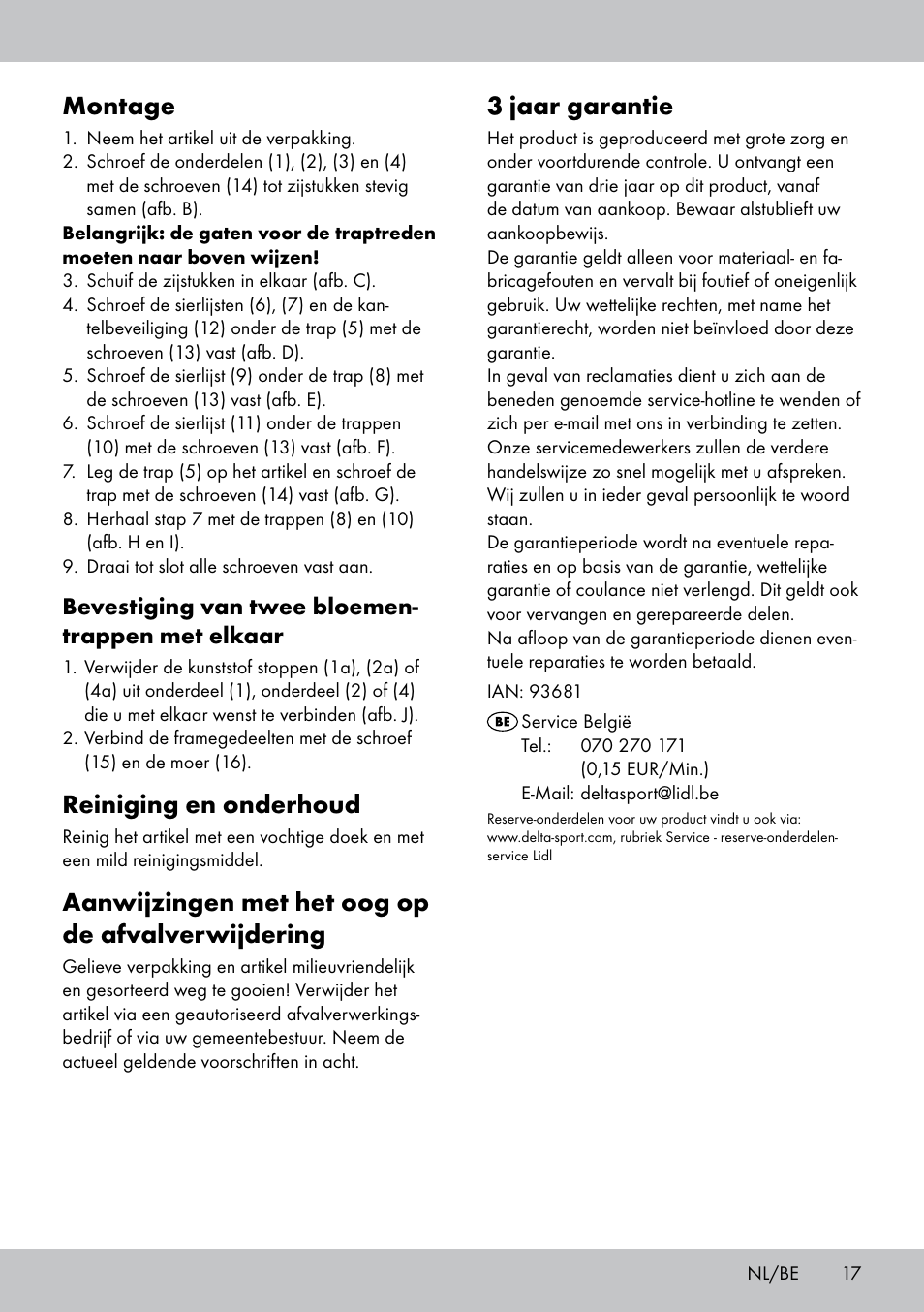 3 jaar garantie, Montage, Reiniging en onderhoud | Aanwijzingen met het oog op de afvalverwijdering, Bevestiging van twee bloemen- trappen met elkaar | Florabest BT-1816 User Manual | Page 15 / 18