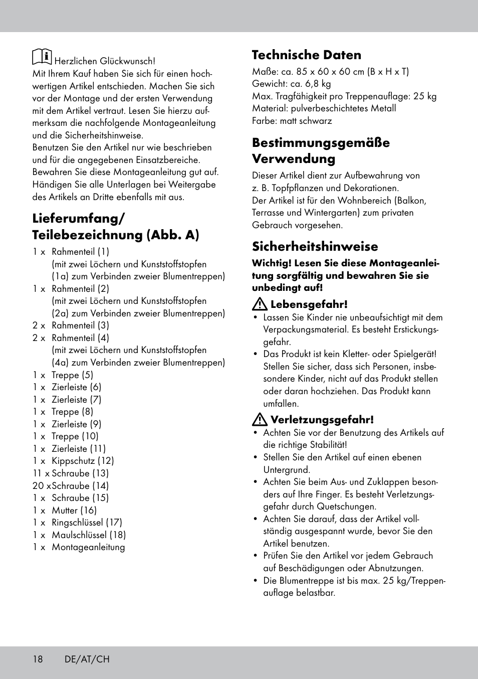 Lieferumfang/ teilebezeichnung (abb. a), Technische daten, Bestimmungsgemäße verwendung | Sicherheitshinweise | Florabest BT-1816 User Manual | Page 16 / 18