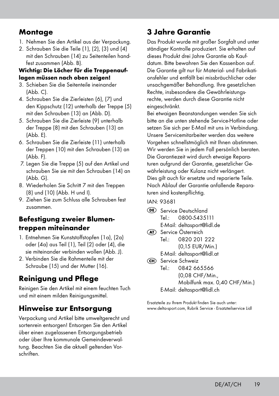 Montage, Reinigung und pflege, Hinweise zur entsorgung | 3 jahre garantie, Befestigung zweier blumen- treppen miteinander | Florabest BT-1816 User Manual | Page 17 / 18