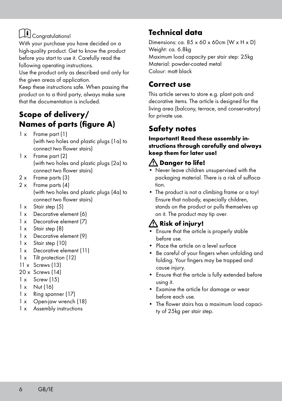 Scope of delivery/ names of parts (figure a), Technical data, Correct use | Florabest BT-1816 User Manual | Page 4 / 18