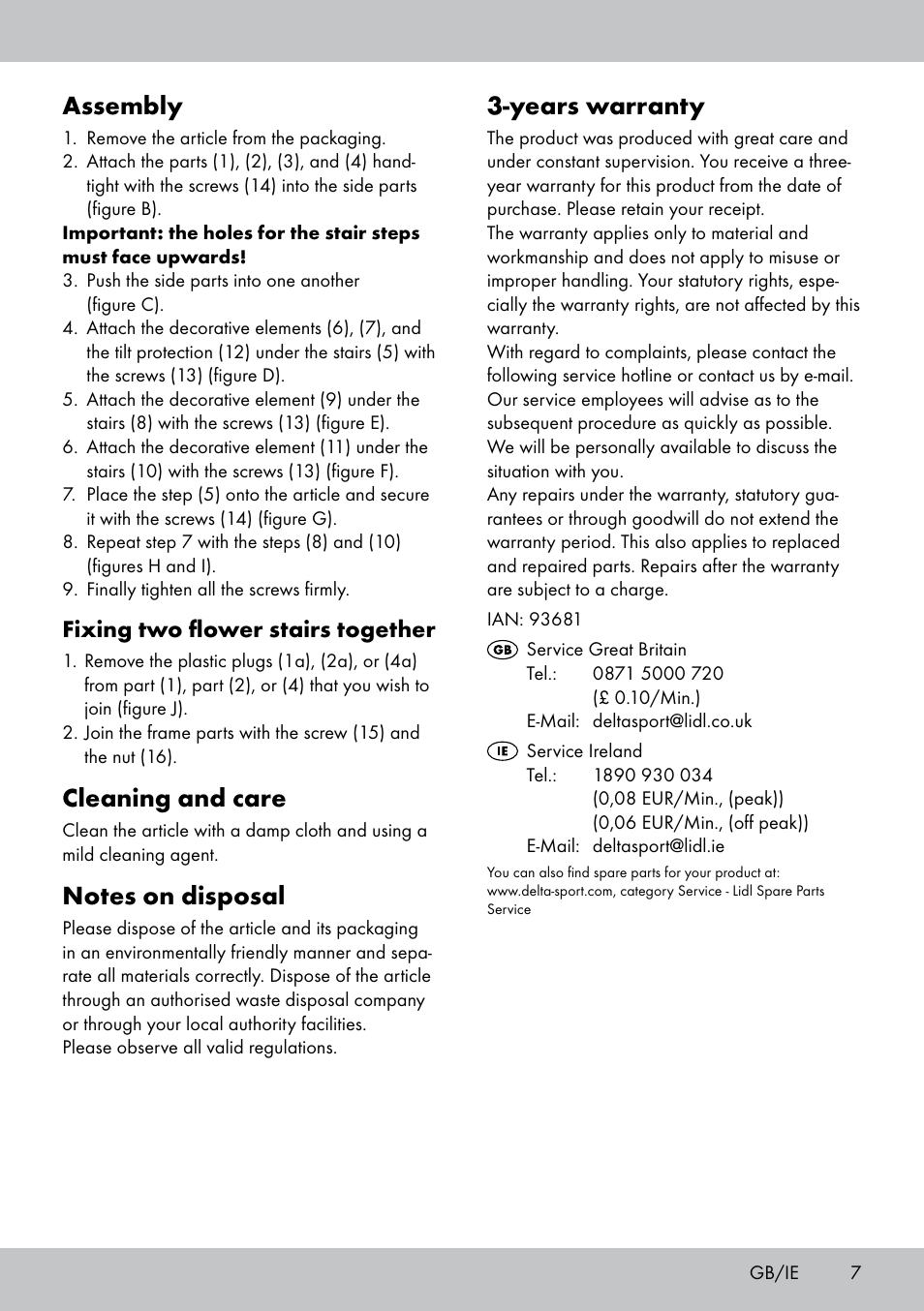 Years warranty, Assembly, Cleaning and care | Fixing two flower stairs together | Florabest BT-1816 User Manual | Page 5 / 18