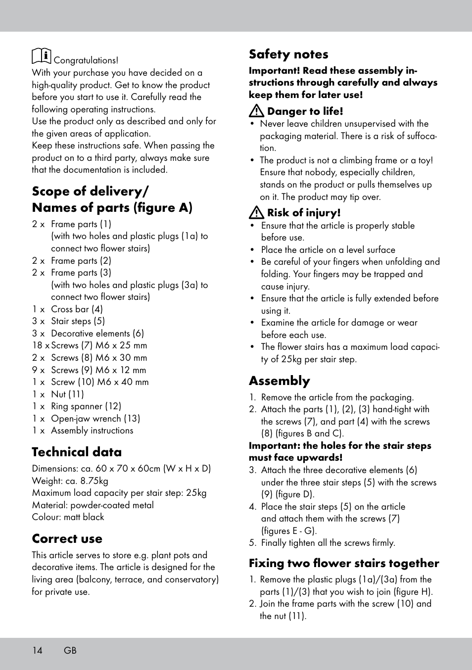 Scope of delivery/ names of parts (figure a), Technical data, Correct use | Assembly, Fixing two flower stairs together | Florabest BT-1817 User Manual | Page 12 / 14