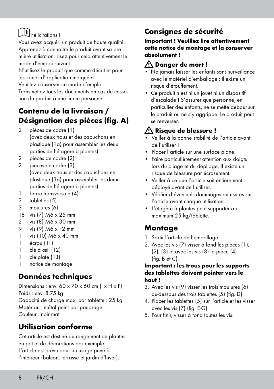 Données techniques, Utilisation conforme, Consignes de sécurité | Montage | Florabest BT-1817 User Manual | Page 6 / 14