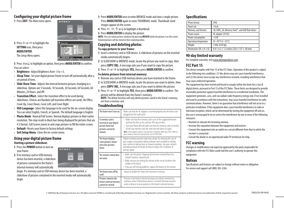 Configuring your digital picture frame, Using your digital picture frame, Copying and deleting photos | Fcc part 15, Fcc warning, Notices | Dynex DX-DPF7-10 User Manual | Page 2 / 2