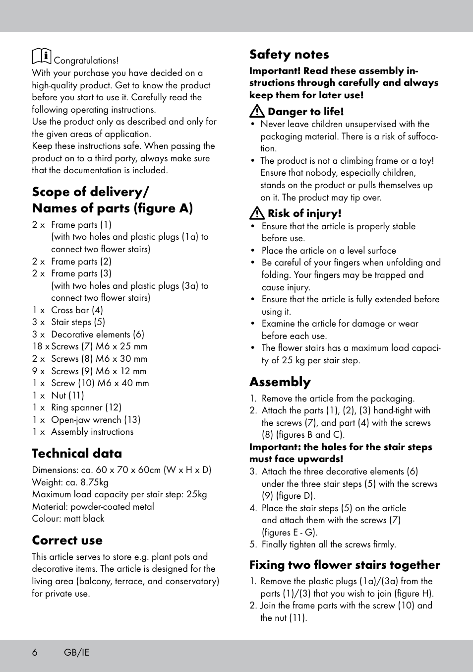Scope of delivery/ names of parts (figure a), Technical data, Correct use | Assembly, Fixing two flower stairs together | Florabest BT-1817 User Manual | Page 4 / 18