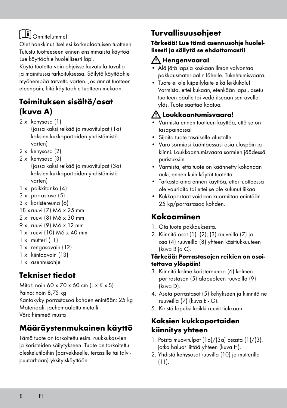 Toimituksen sisältö/osat (kuva a), Tekniset tiedot, Määräystenmukainen käyttö | Turvallisuusohjeet, Kokoaminen, Kaksien kukkaportaiden kiinnitys yhteen | Florabest BT-1817 User Manual | Page 6 / 18