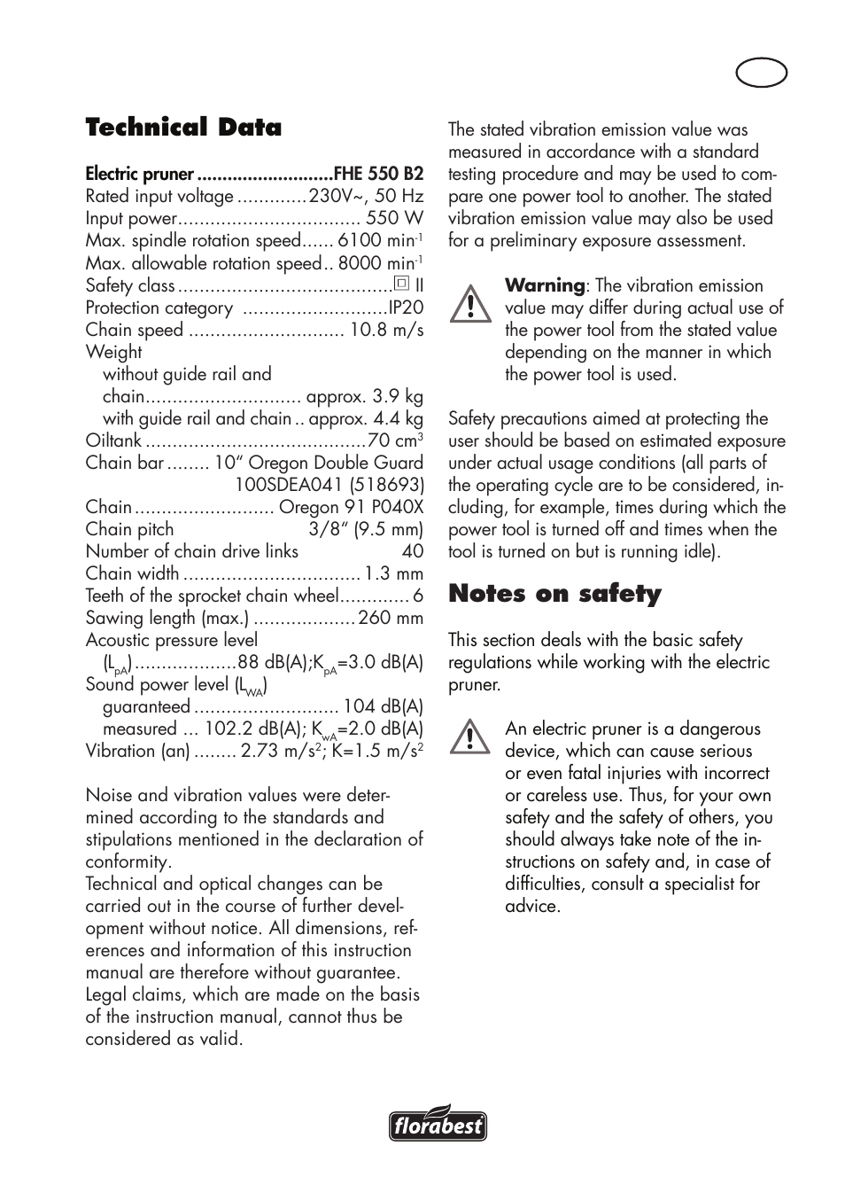 Technical data | Florabest FHE 550 B2 User Manual | Page 25 / 64