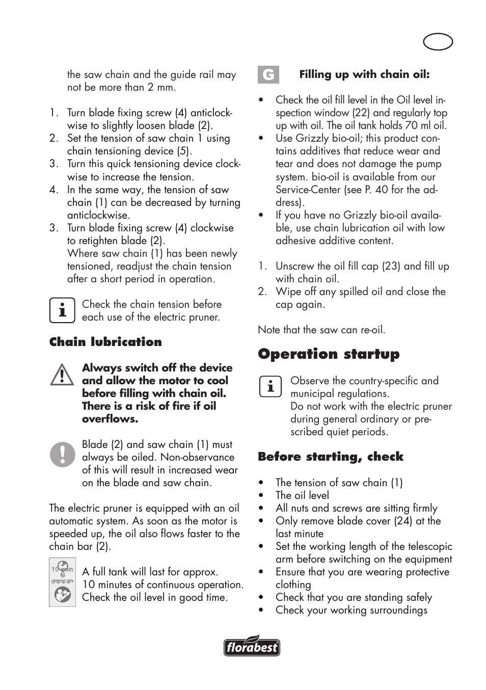 Operation startup | Florabest FHE 550 B2 User Manual | Page 33 / 64