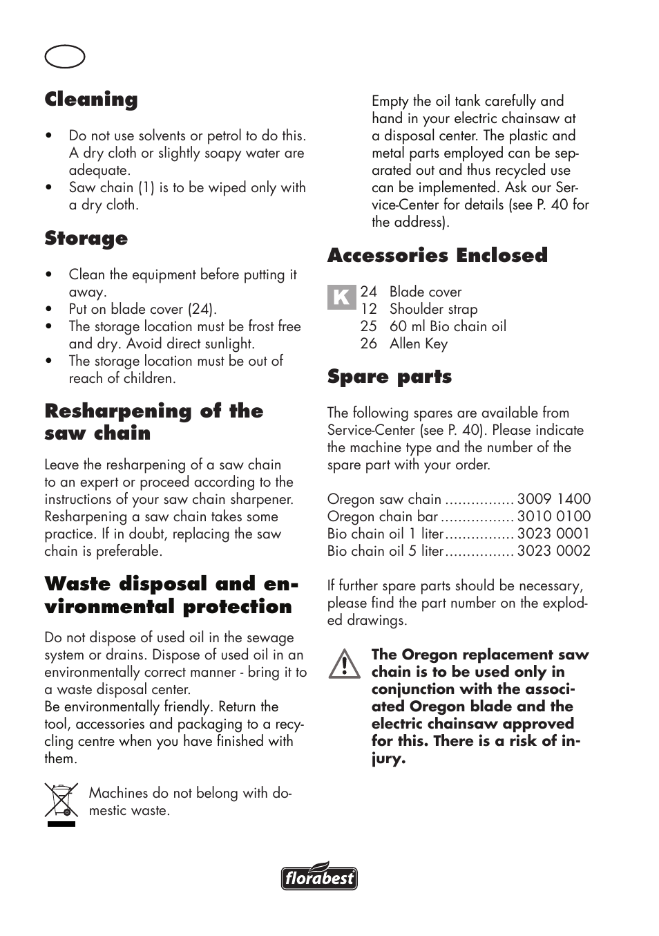 Cleaning, Storage, Resharpening of the saw chain | Waste disposal and en- vironmental protection, Accessories enclosed, Spare parts | Florabest FHE 550 B2 User Manual | Page 36 / 64