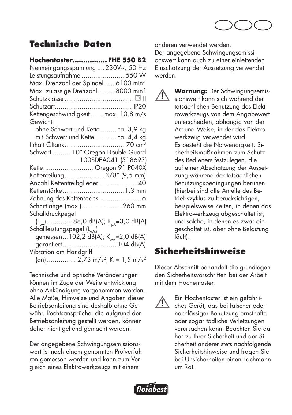 Technische daten, Sicherheitshinweise, De at ch | Florabest FHE 550 B2 User Manual | Page 43 / 64