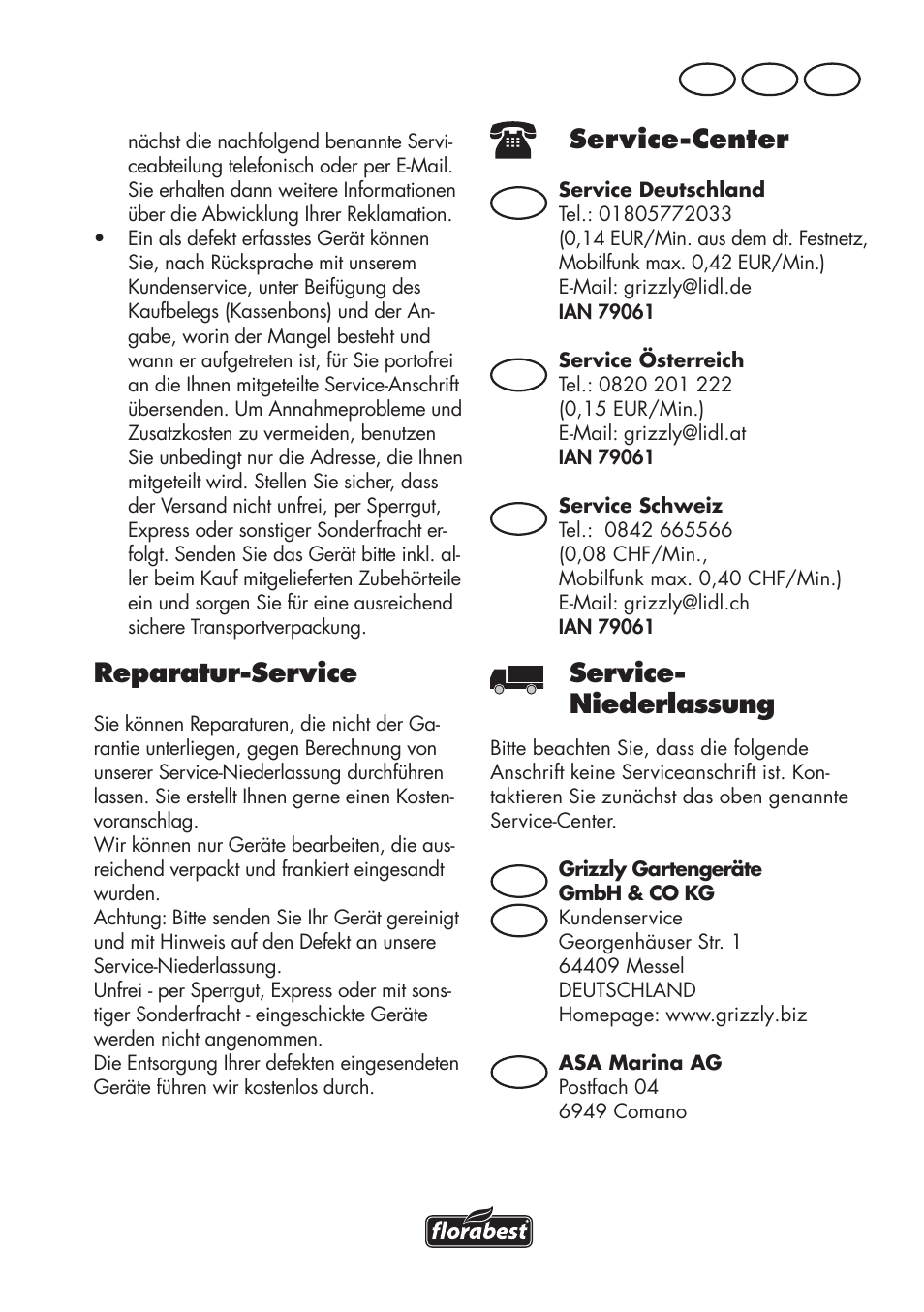 Service-center, Service- niederlassung, Reparatur-service | De at ch, De at at ch ch | Florabest FHE 550 B2 User Manual | Page 59 / 64