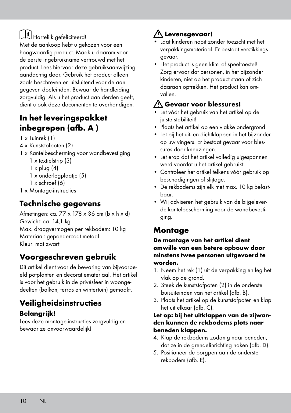 Technische gegevens, Voorgeschreven gebruik, Veiligheidsinstructies | Montage | Florabest GR-1809 User Manual | Page 10 / 16