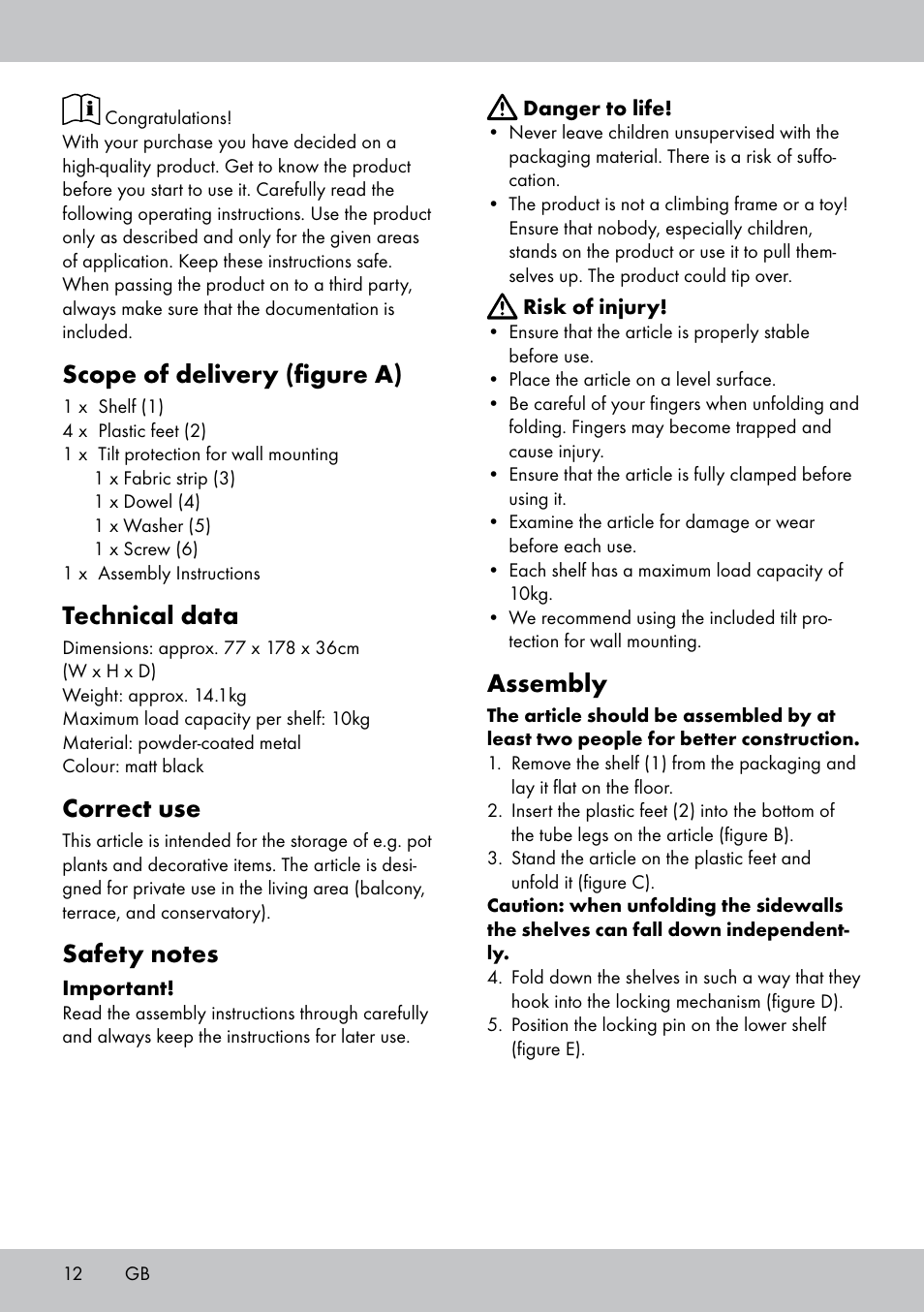 Scope of delivery (figure a), Technical data, Correct use | Assembly | Florabest GR-1809 User Manual | Page 12 / 16